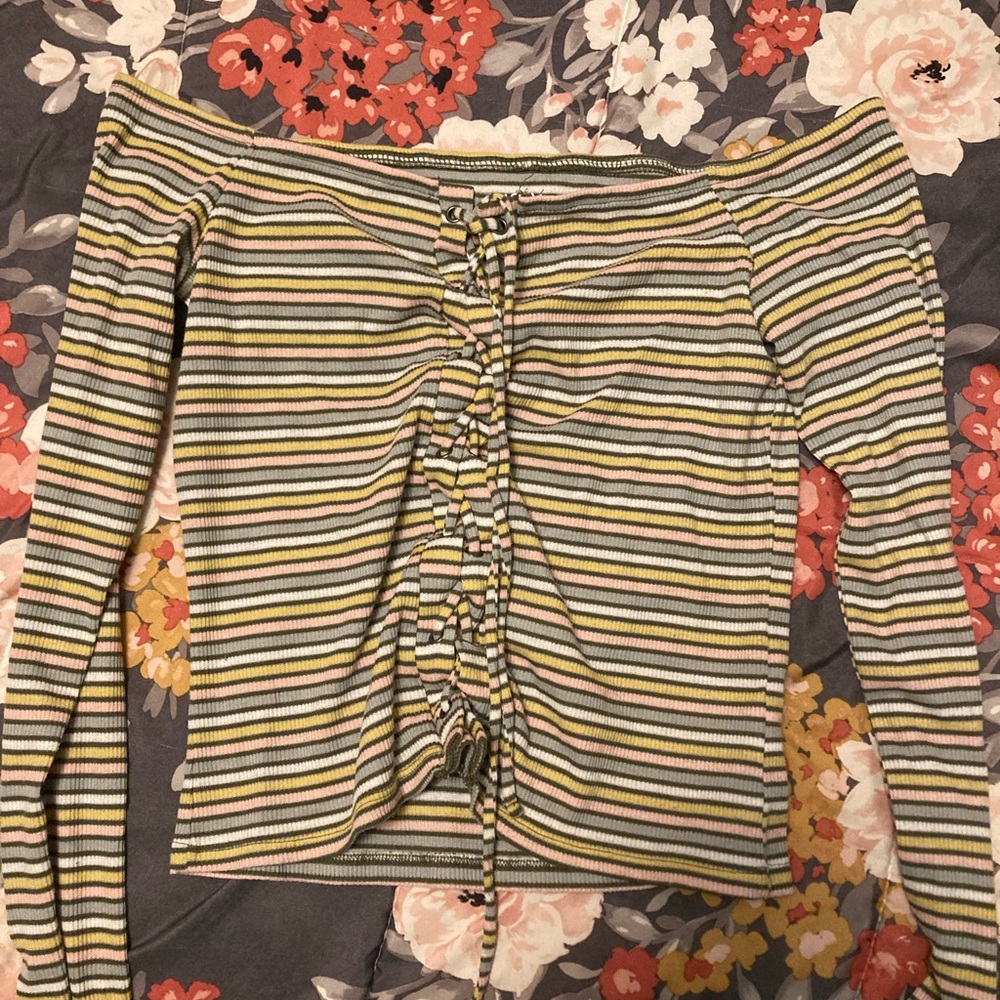 Areo striped off the shoulder long sleeve shirt